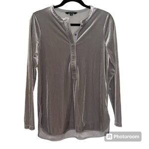 Ralph Lauren Silver Top Long Sleeve 1/2 Button Velvet Pullover‎ Stretch Party SP